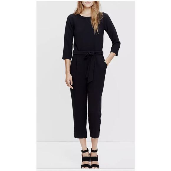Madewell Sloan Jumper in Black Belted Crepe Tapered Crop Jumpsuit size 0 - Picture 1 of 12